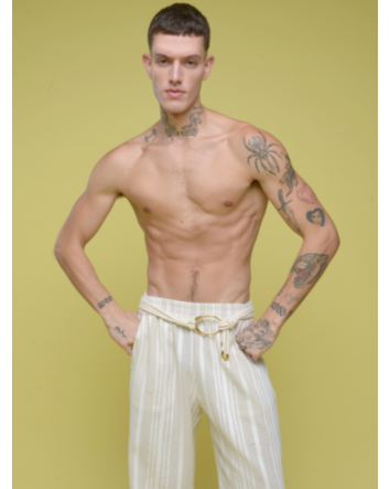 Calça Pantalona em Linho Listrado