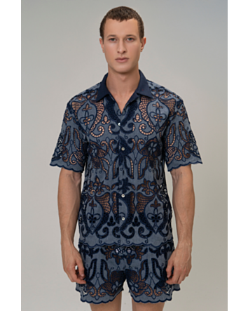 Camisa em Guipure Jeans-Azul marinho-P
